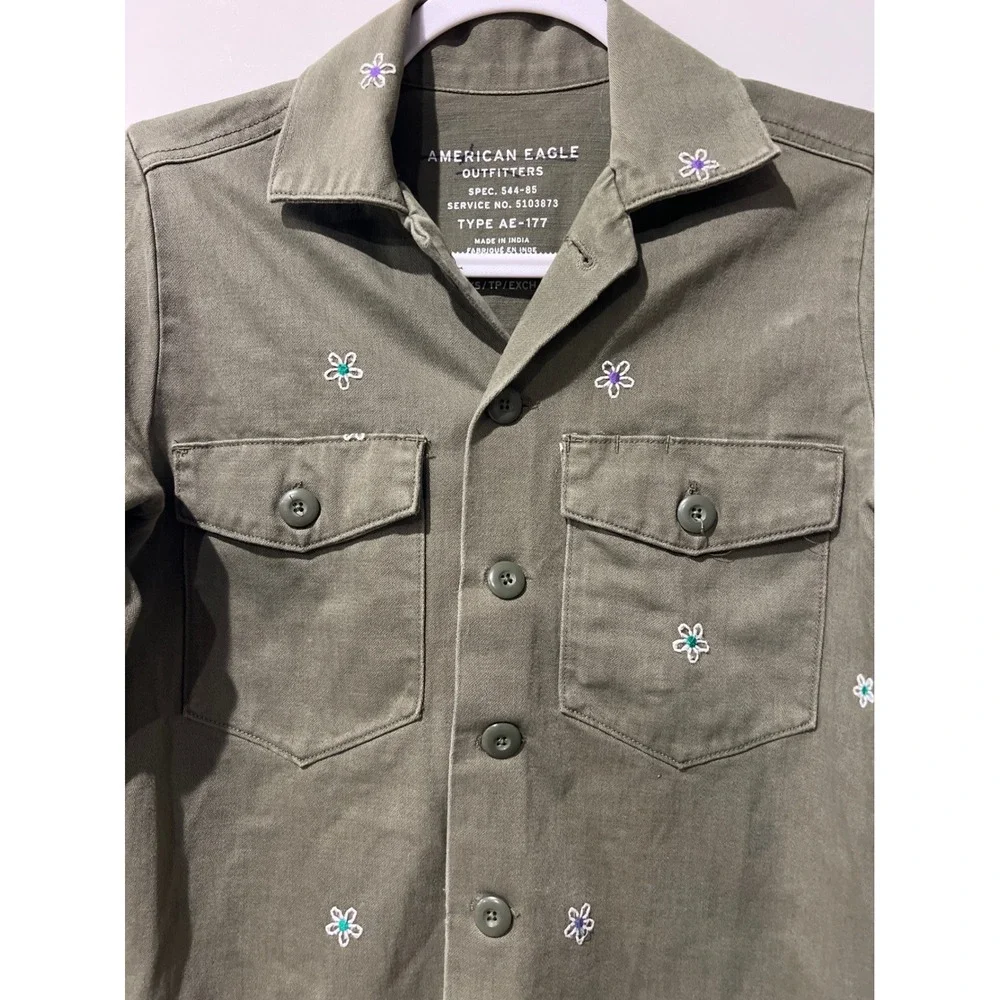 American Eagle Outfitters Olive Green Daisy Embroidered Utility Jacket Womens XS - Picture 2 of 8